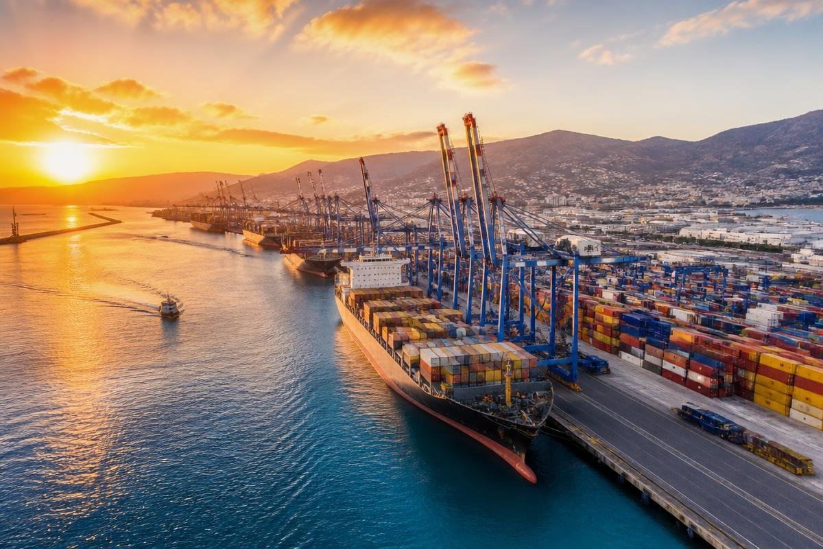 Vue aérienne du complexe portuaire Nador West Med au coucher du soleil
